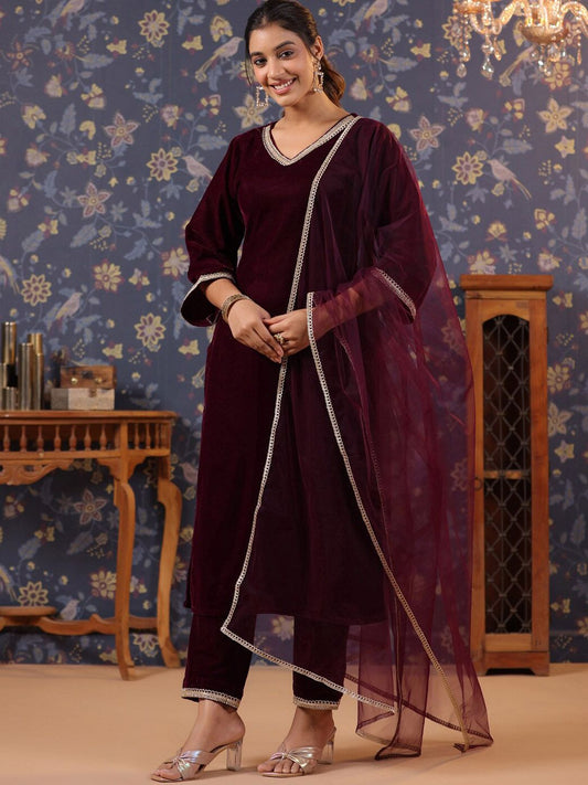 Dhiyona PD Women V-Neck Straight Velvet Kurta & Trousers With Dupatta