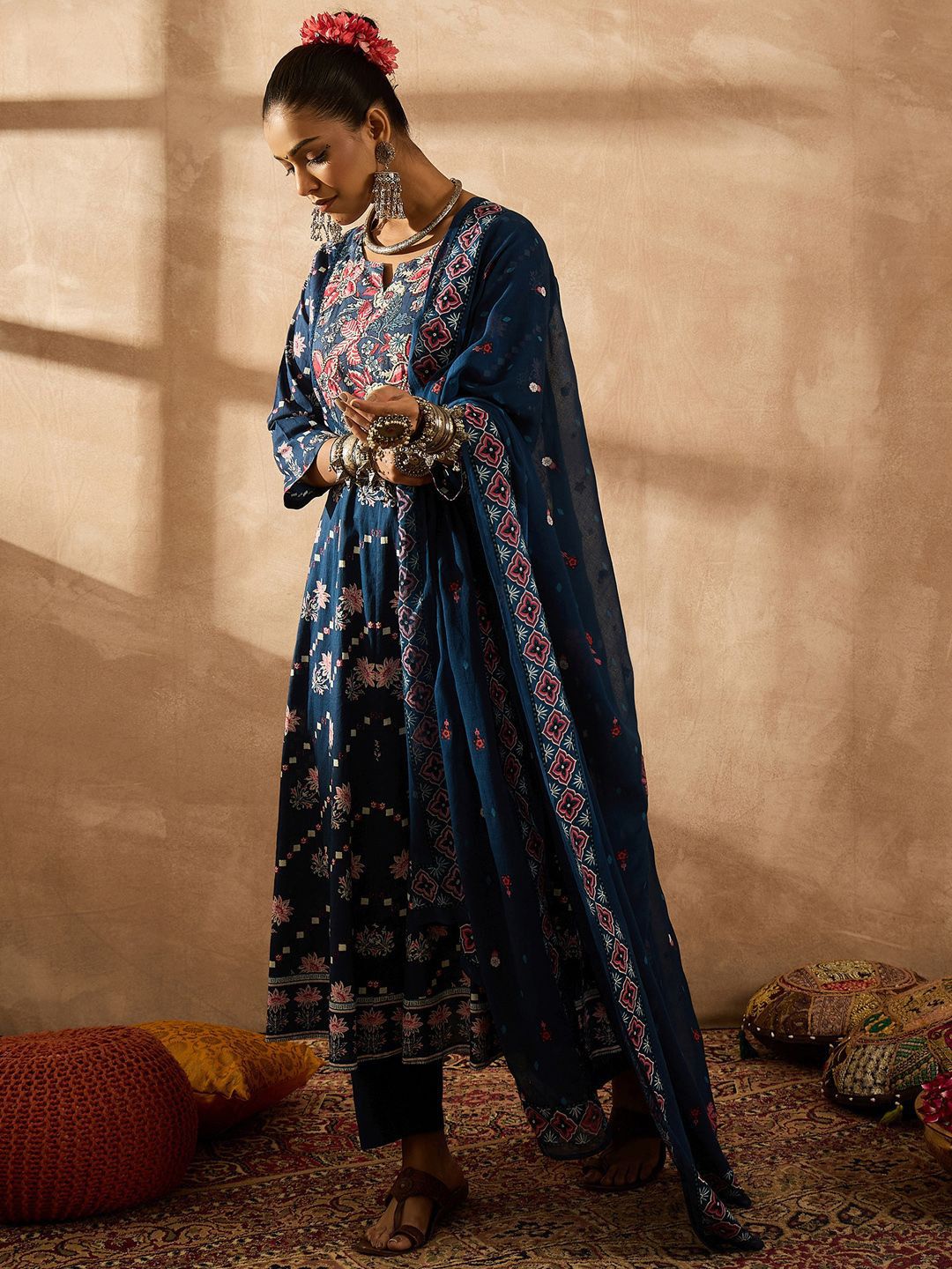 Women Floral Embroidered Regular Beads and Stones Pure Cotton Kurta with Trousers & With Dupatta