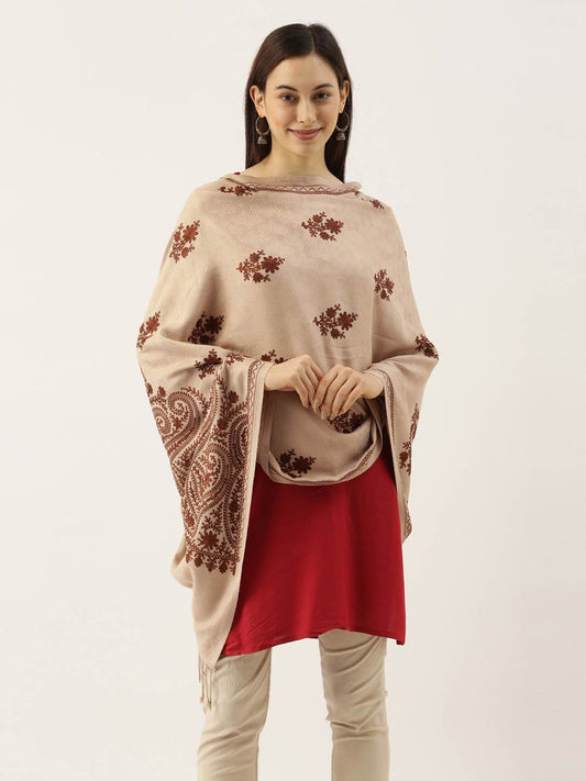Dhiyona PA Women Beige & Brown Paisley Aari Embroidered Shawl