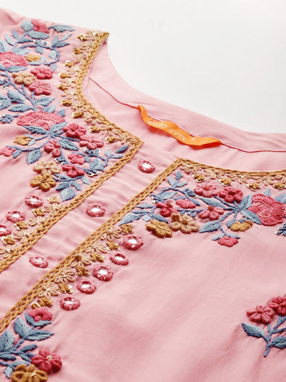 Dhiyona IE Floral Embroidered Thread Work Kurta with Trousers & With Dupatta