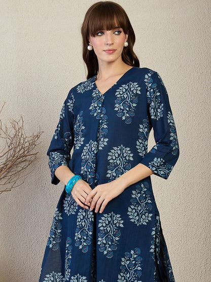Floral Printed V-Neck A-Line Pure Cotton Kurta With Trousers