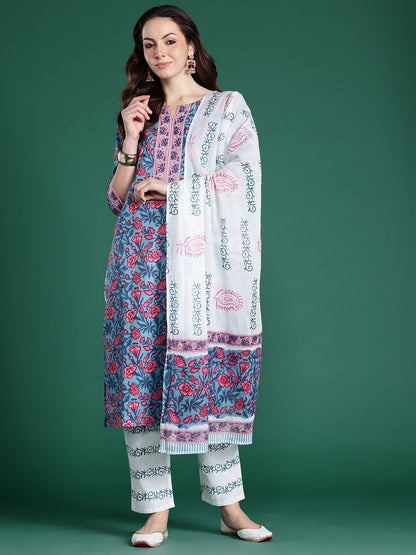 Floral Printed Pure Cotton Kurta with Trousers & With Dupatta