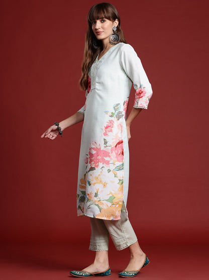 Floral Printed Linen Kurta With Trousers & Dupatta