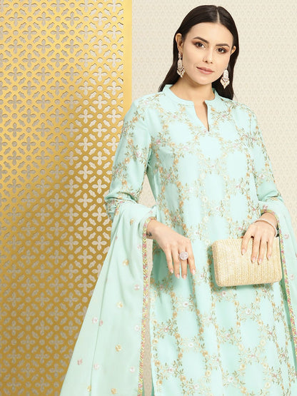 Dhiyona PD Women Women Floral Embroidered Sequined Jashn Kurta With Sharara & Dupatta