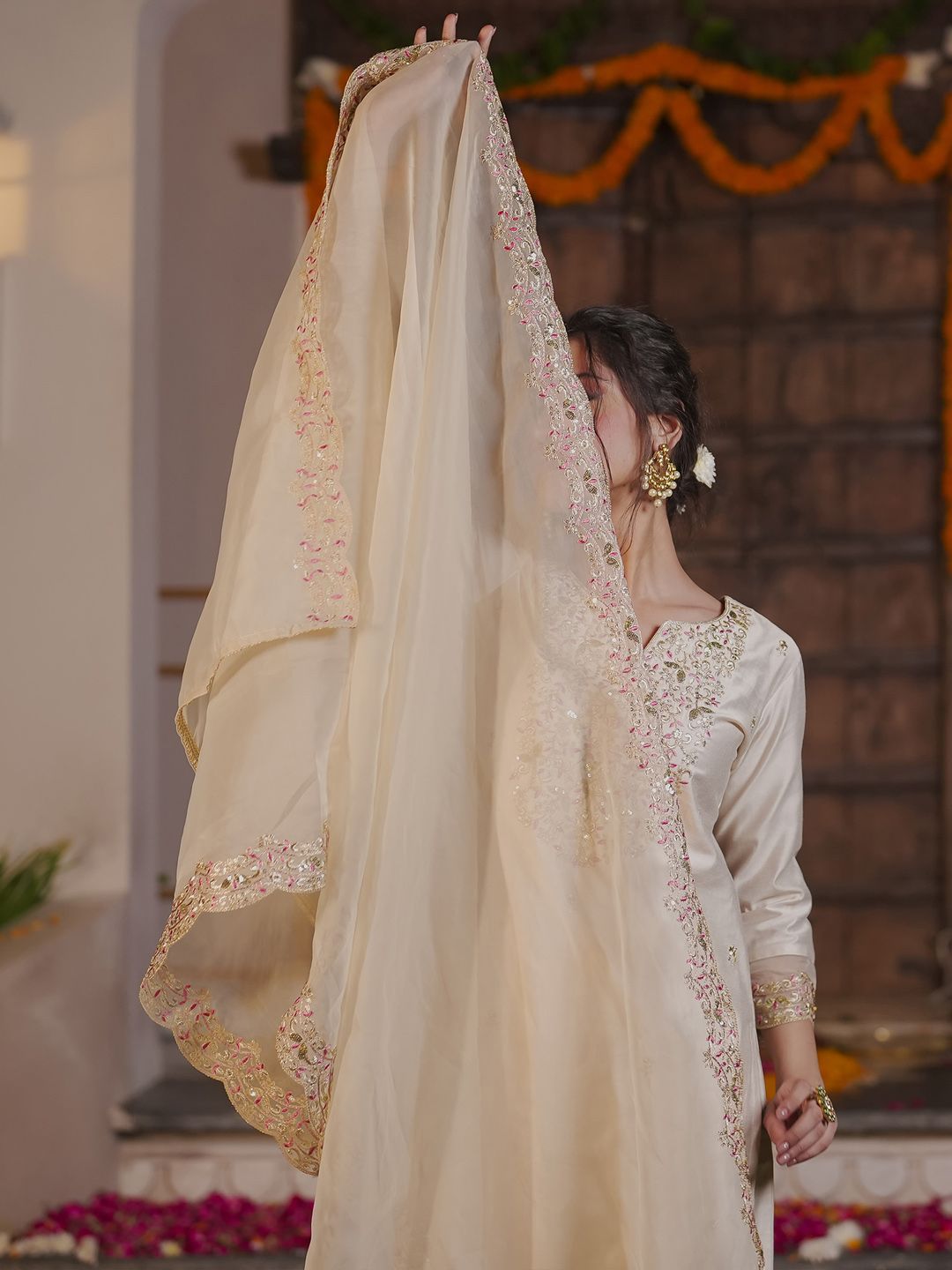 Dhiyona IE Floral Embroidered Liva Kurta with Trousers & Dupatta