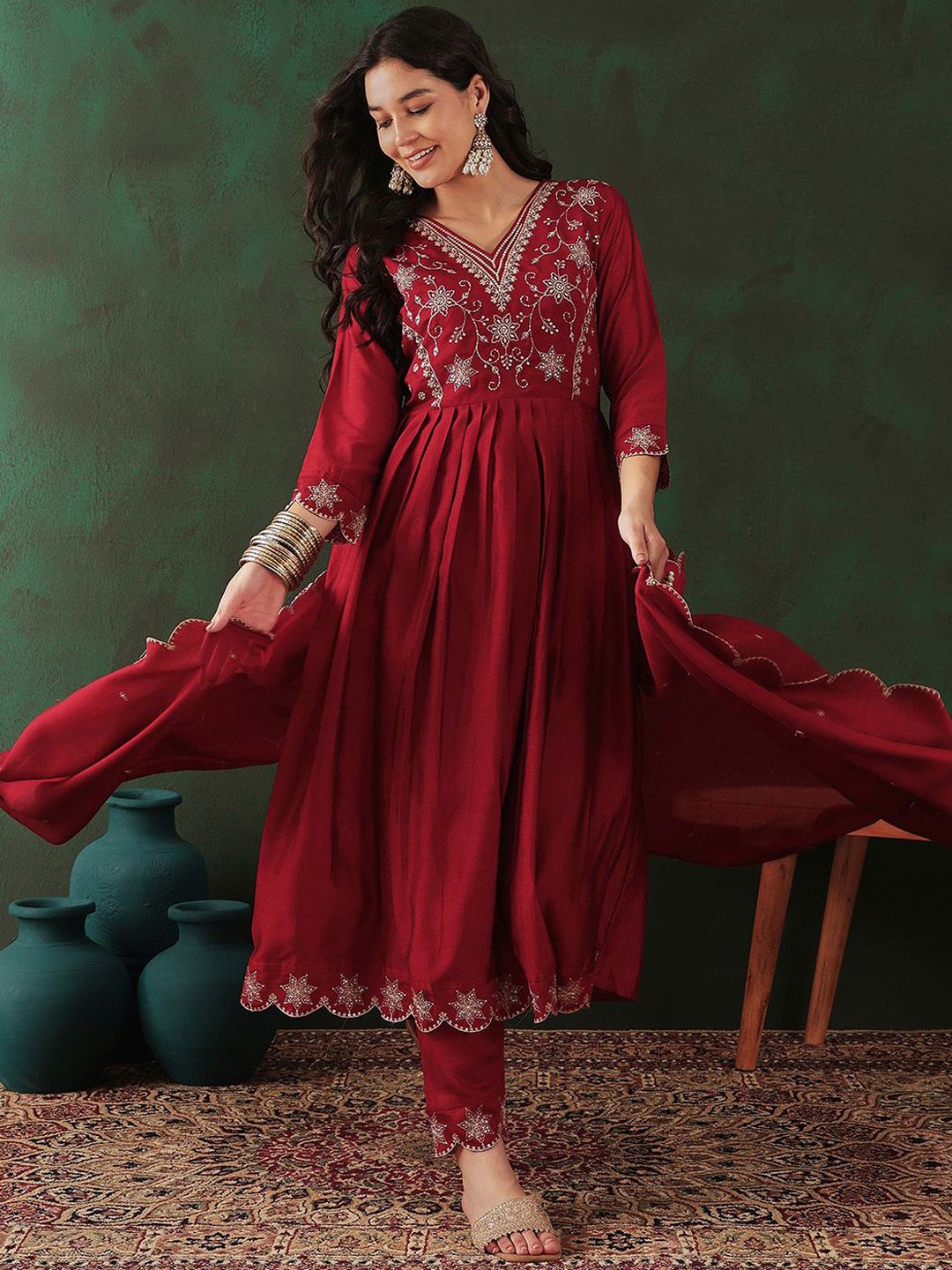 Dhiyona SN Women's Maroon Floral Embroidered Sequinned Anarkali Kurta With Trouser & Dupatta