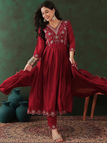 Dhiyona SN Women's Maroon Floral Embroidered Sequinned Anarkali Kurta With Trouser & Dupatta