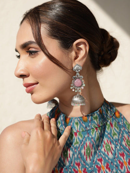 Dhiyona RJ Women's Silver-Plated Oxidised Jhumka Earrings with Pastel Pink Gemstone & Mint Green Beads