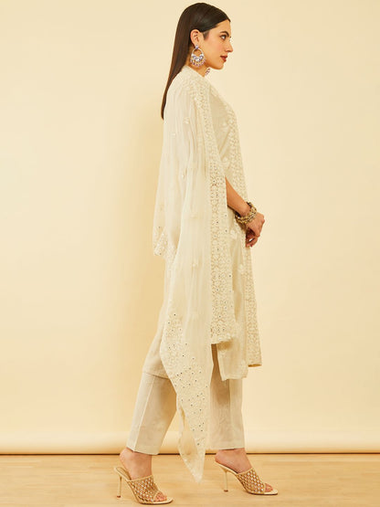 Dhiyona SO Women's Beige Floral Embroidered Chanderi Silk Straight Kurta With Trousers & Dupatta