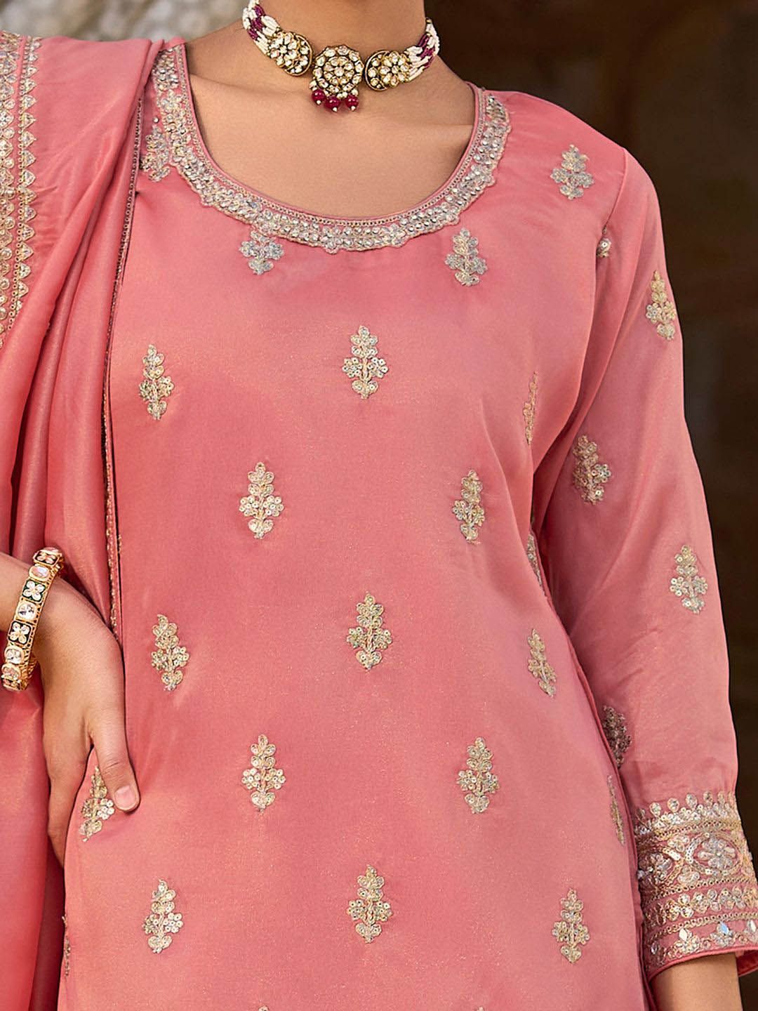 Women Floral Embroidered Kurti with Palazzo & Dupatta