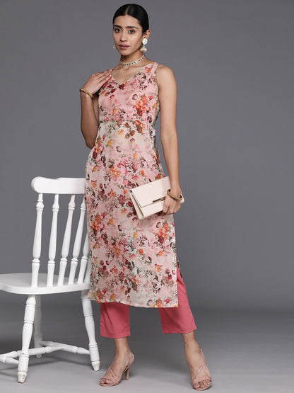 Dhiyona VA Women'sFloral Printed High Slit Kurta with Trousers