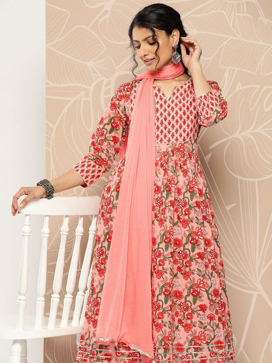Dhiyona VA Women'sFloral Printed Empire Gotta Patti Pure Cotton Kurta With Trousers & Dupatta