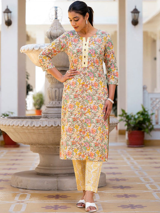 Dhiyona VA Women'sFloral Printed Regular Pure Cotton Kurta with Trouser