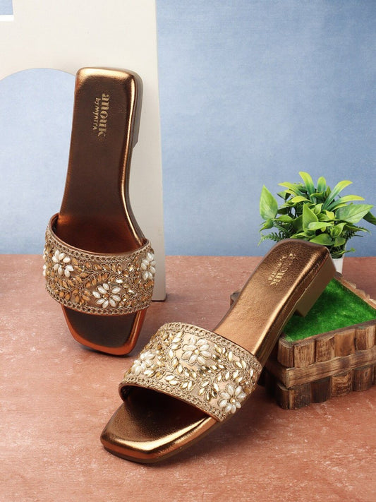 Dhiyona AK Copper-Toned Embellished Open Toe Flats