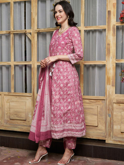 Dhiyona SN Women's Ethnic Motifs Printed Pure Cotton Kurta with Trousers & With Dupatta