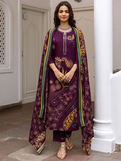Dhiyona IS Women's Women Floral Printed Regular Thread Work Kurta with Trousers & With Dupatta