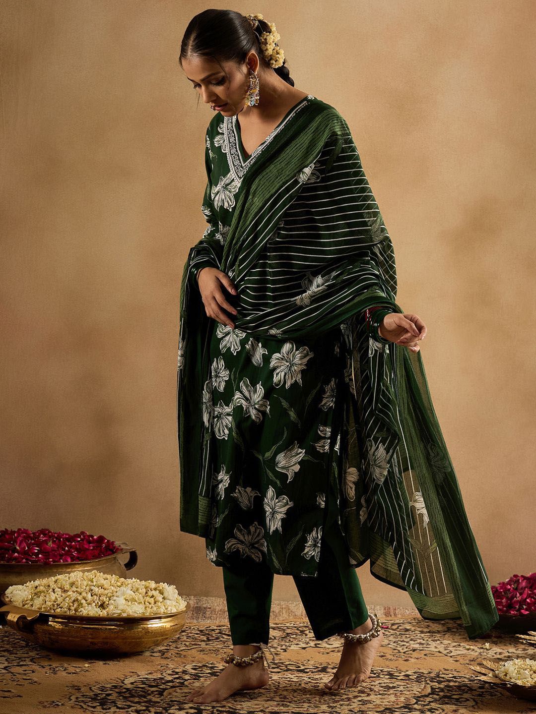 Floral Printed V-Neck Pure Cotton Straight Kurta With Trouser & Dupatta