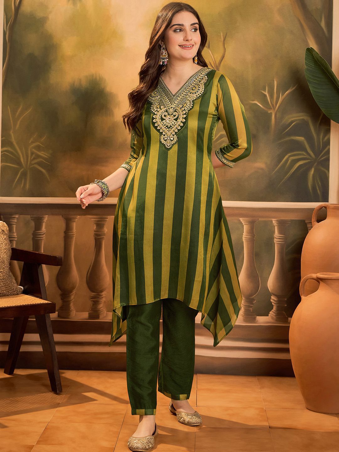 Dhiyona SN Women's Striped Printed Kurta with Trousers