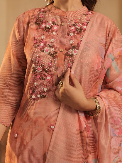 Floral Embroidered Thread Work Kurta with Trouser & With Dupatta