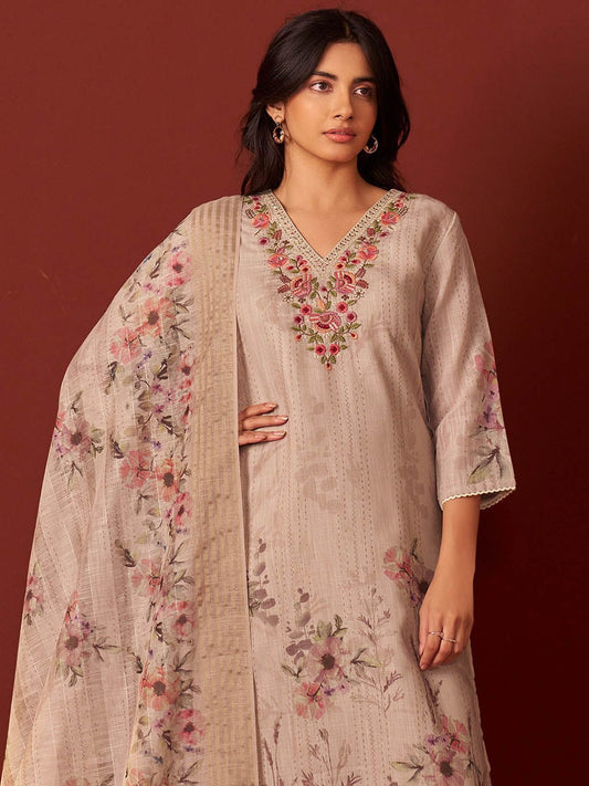 Women Floral Embroidered Linen Kurta with Trousers & Dupatta