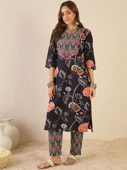 Floral Printed Notch Neck Pure Cotton Straight Kurta With Trousers