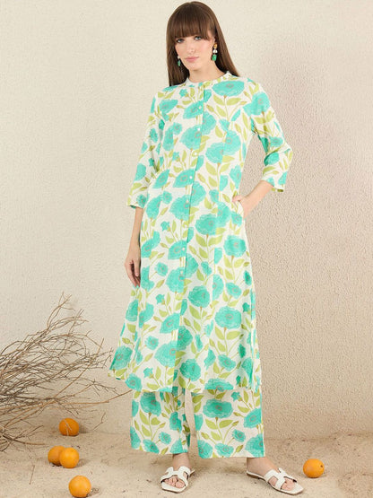 Floral Printed Mandarin Collar A-Line Kurta With Palazzos