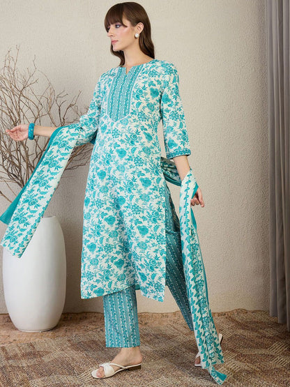 Floral Printed Straight Kurta With Trousers & Dupatta