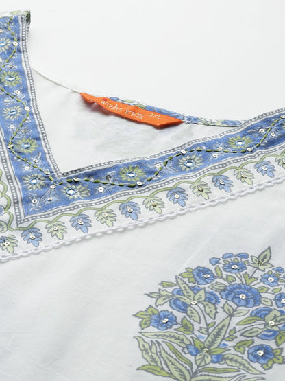 Dhiyona IE Plus Size Floral Printed Sequinned Pure Cotton Kurta with Trousers & With Dupatta