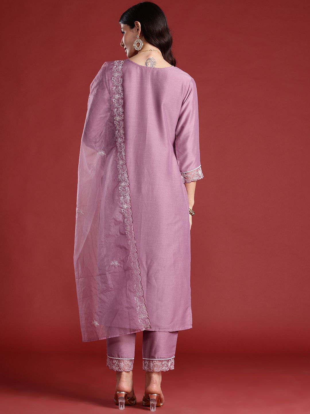 Floral Embroidered Thread Work Kurta with Trousers & Dupatta