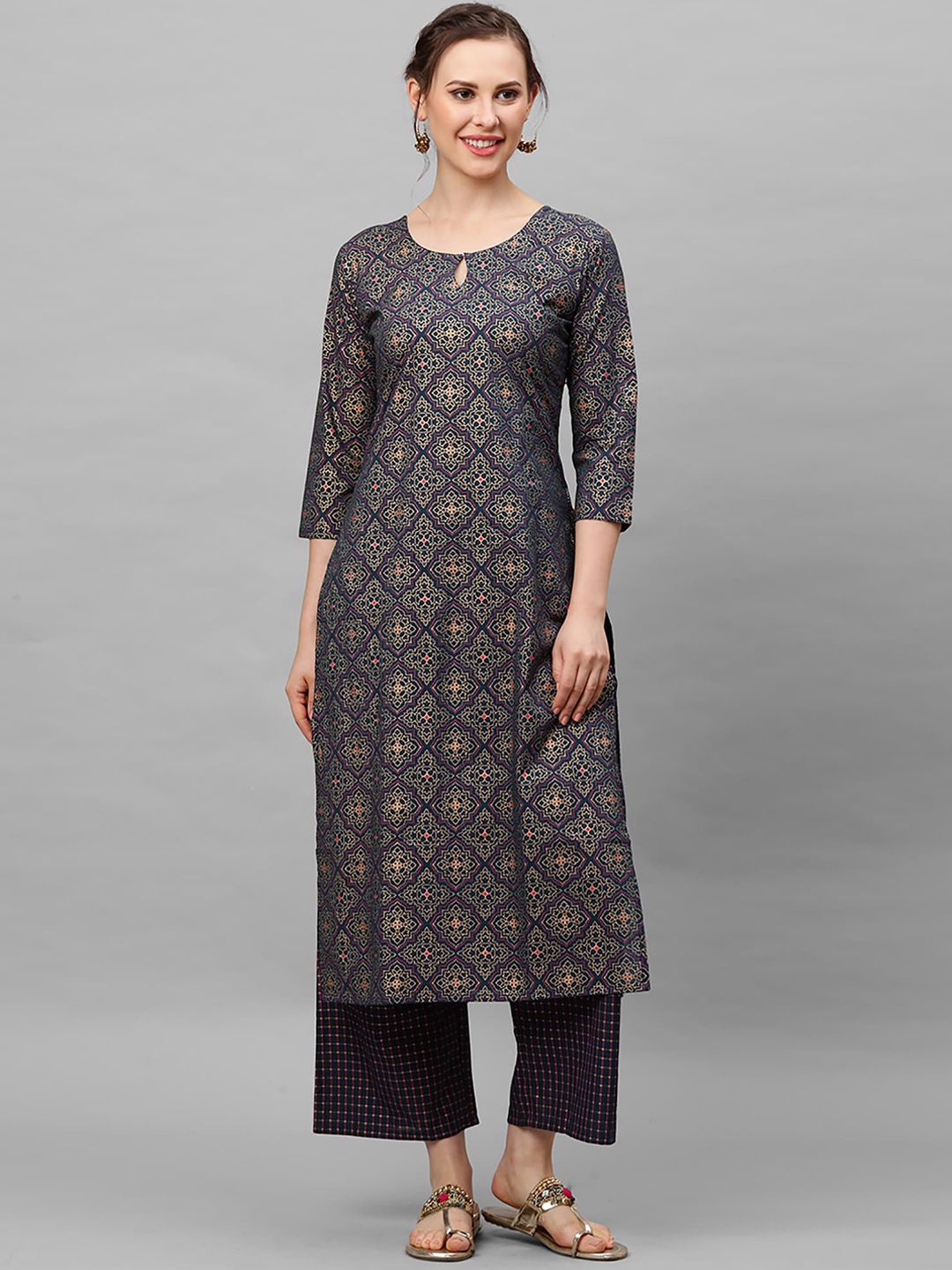 Dhiyona IE Women Navy Blue Printed Regular Straight Keyhole Neck Pure Cotton Kurta Set