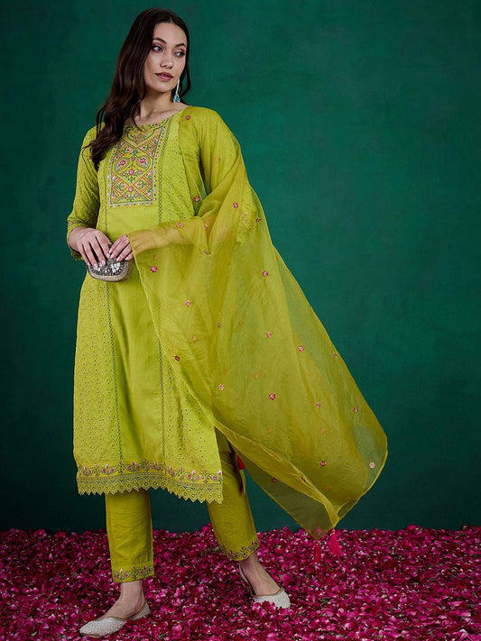 Dhiyona SN Women's Lime Green Floral Embroidered Straight Kurta With Trouser & Dupatta