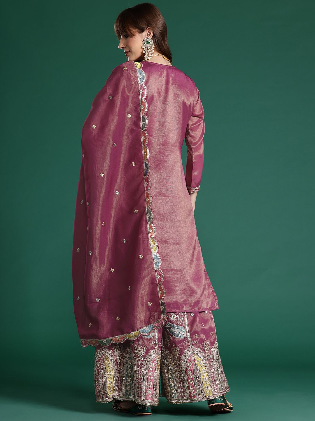 Ethnic Motifs Embroidered Sequinned Kurta with Palazzos & Dupatta