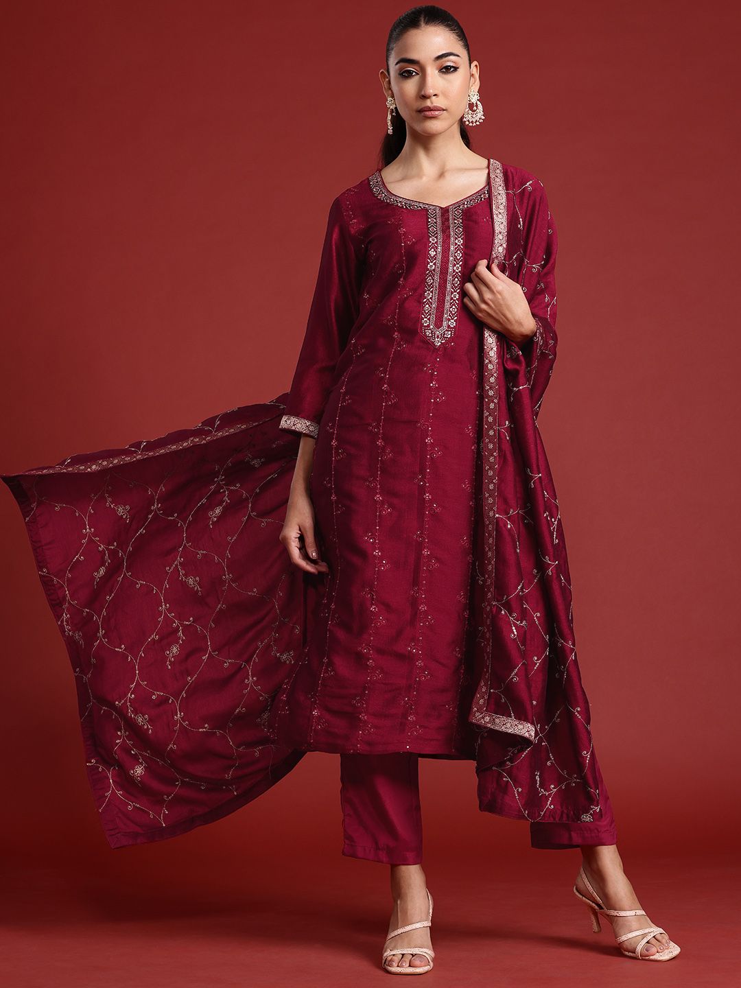Dhiyona IE Floral Embroidered Zari Kurta With Trousers & Dupatta