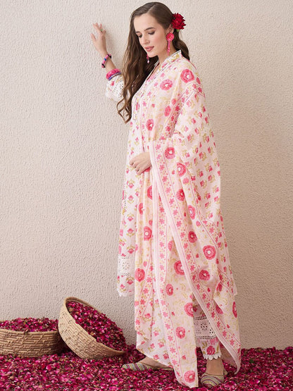 Floral Embroidered Mandarin Collar Pure Cotton Kurta With Trousers & Dupatta