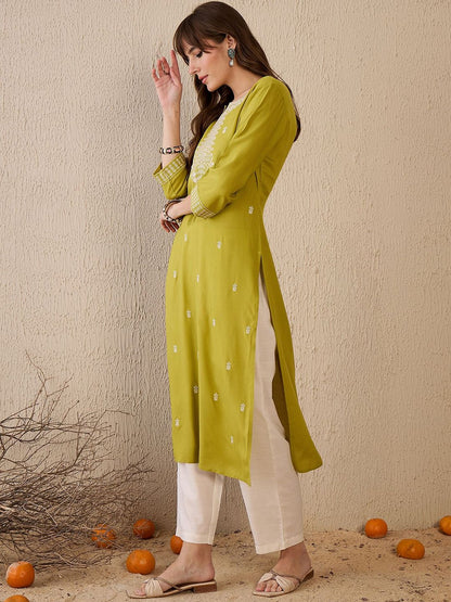 Dhiyona IE Ethnic Motifs Embroidered Thread Work Notch Neck Straight Kurta