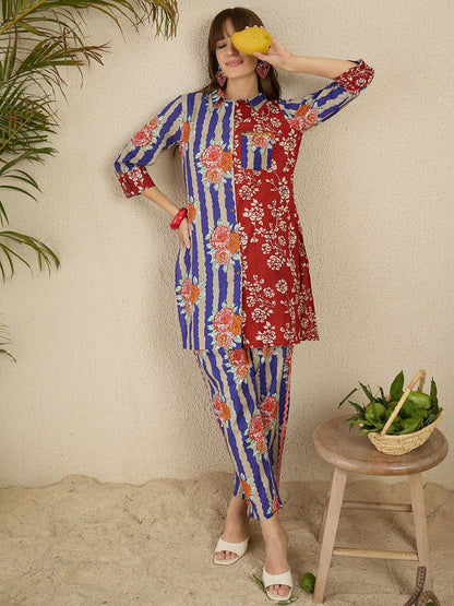 Dhiyona IE Printed Pure Cotton Straight Tunic & Trousers Co-Ord Set