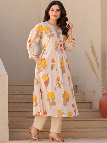 Dhiyona IE Printed Pure Cotton A-line Tunic & Trousers Co-Ord Set