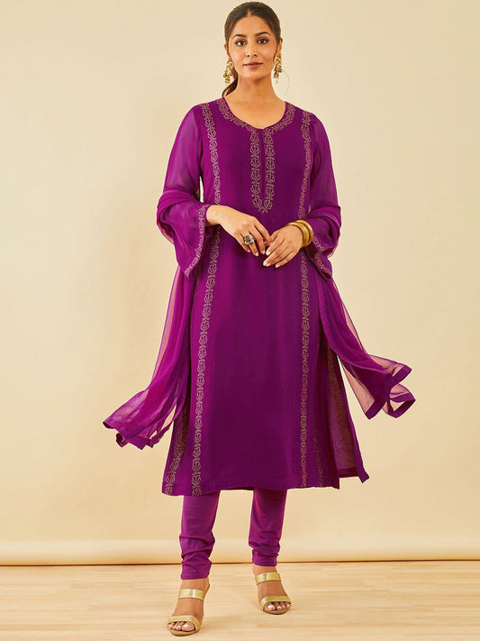 Dhiyona SO Women's Women Regular Beads and Stones Kurta with Churidar & With Dupatta