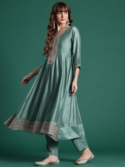 Floral Embroidered Sequinned Kurta With Trousers & Dupatta