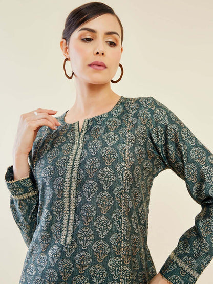 Dhiyona SO Women's Green Ethnic Motifs Printed A-Line Gotta Patti A-Line Kurta With Palazzos