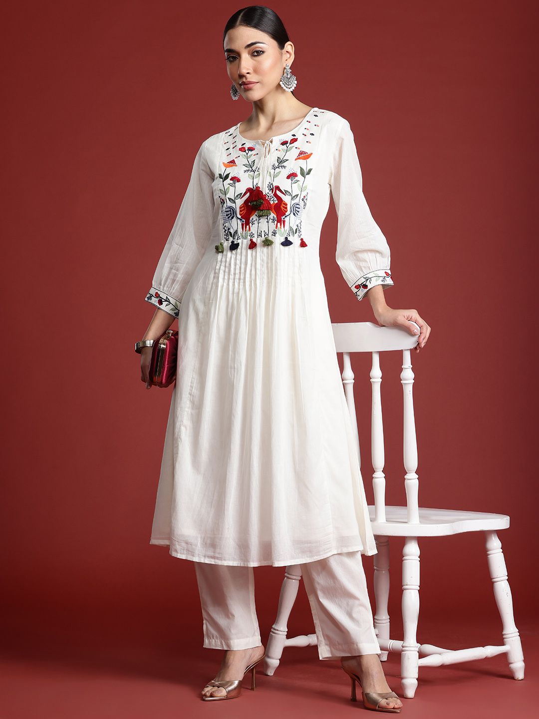 Floral Embroidered Panelled Thread Work Pure Cotton Kurta with Trousers