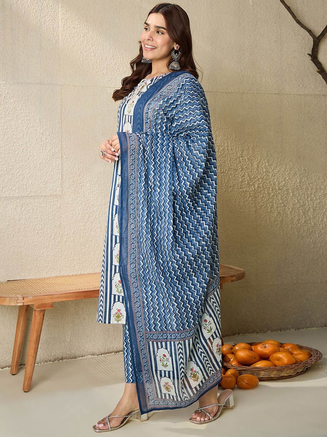 Floral Printed Tie-Up Neck Pure Cotton Straight Kurta With Trousers & Dupatta