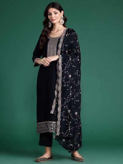 Ethnic Motifs Embroidered Regular Sequinned Kurta with Trousers & Dupatta