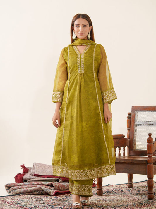 Dhiyona PD Women Floral Embroidered V-Neck Organza A-Line Kurta With Trousers & Dupatta