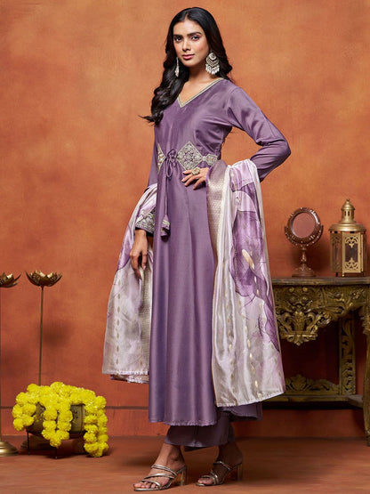 Dhiyona SN Women's Purple Floral Embroidered Cotton Silk Anarkali Kurta With Trousers And Dupatta