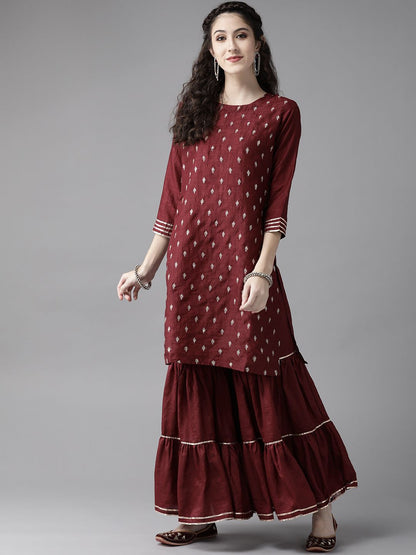 Dhiyona IE Women Maroon & Godlen Embroidered Gotta Patti Kurta with Sharara