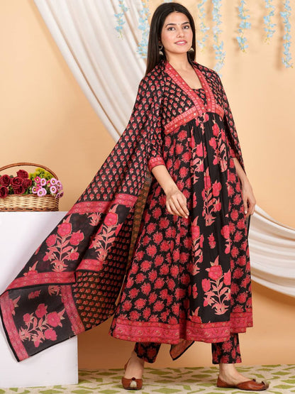 Dhiyona VA Women'sFloral Printed Empire Mirror Work Pure Cotton Kurta with Trousers & With Dupatta