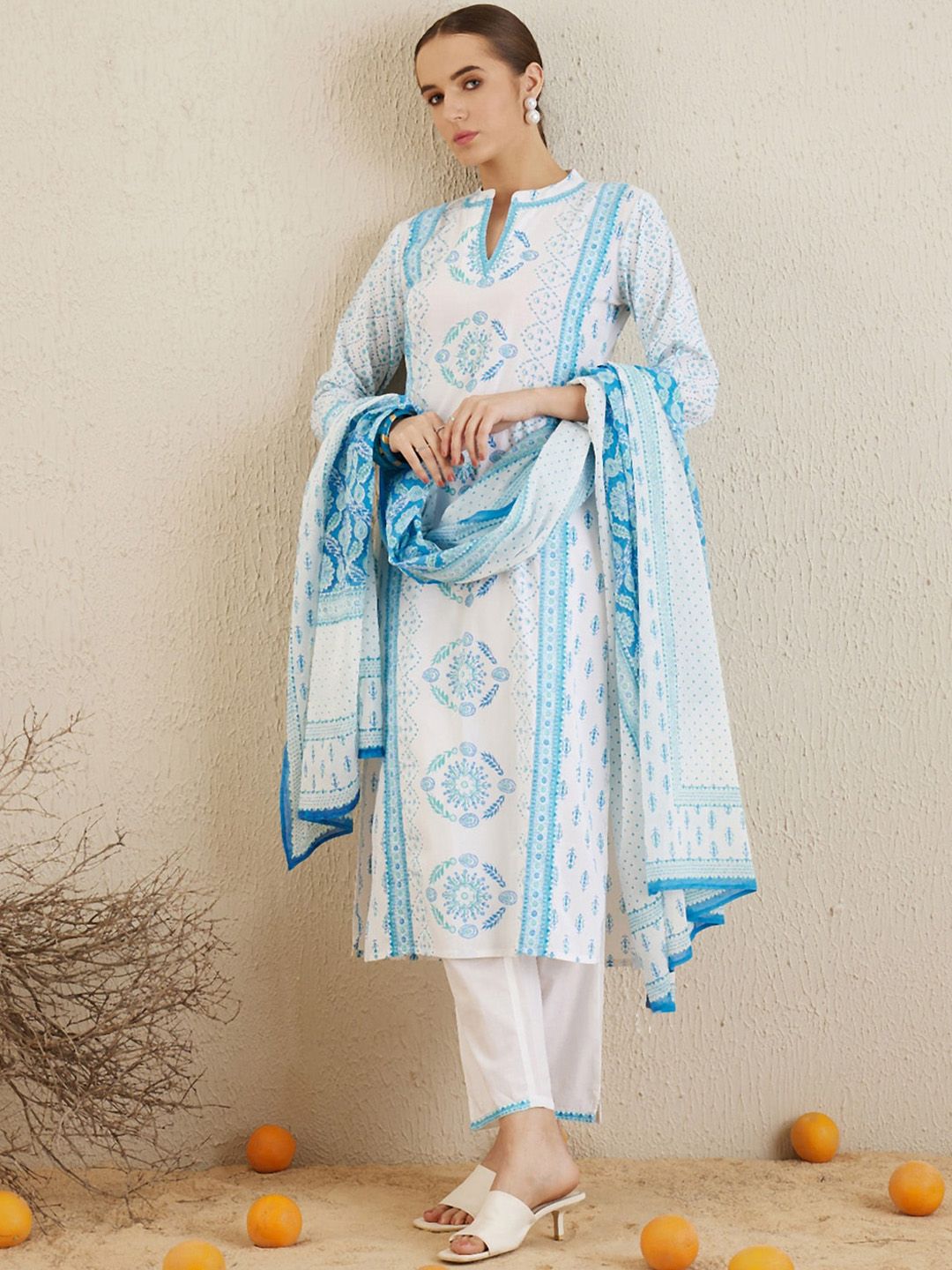 Dhiyona IE Ethnic Motifs Printed Regular Pure Cotton Kurta with Trousers & Dupatta