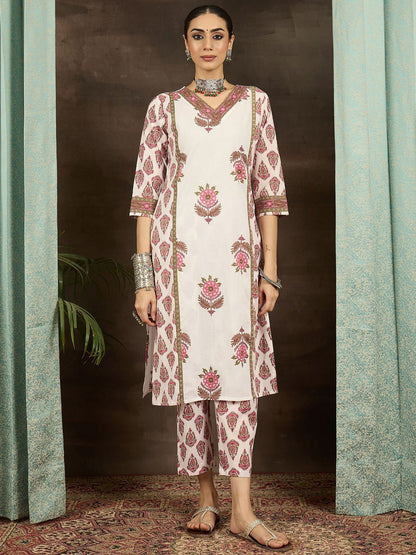 Ethnic Motifs Printed Regular Pure Cotton V-Neck Straight Kurta with Trousers