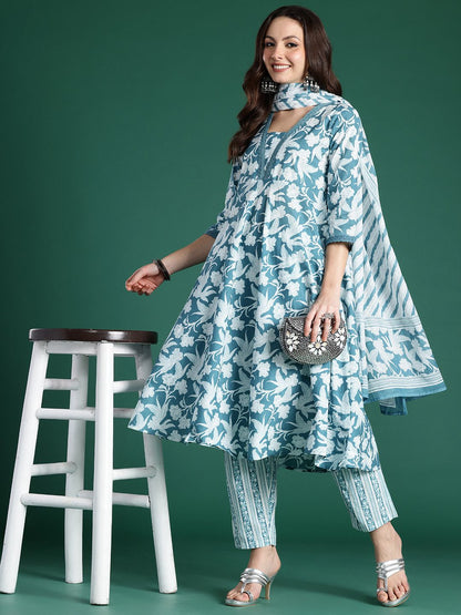 Dhiyona IE Floral Printed Pure Cotton Kurta with Trousers & With Dupatta